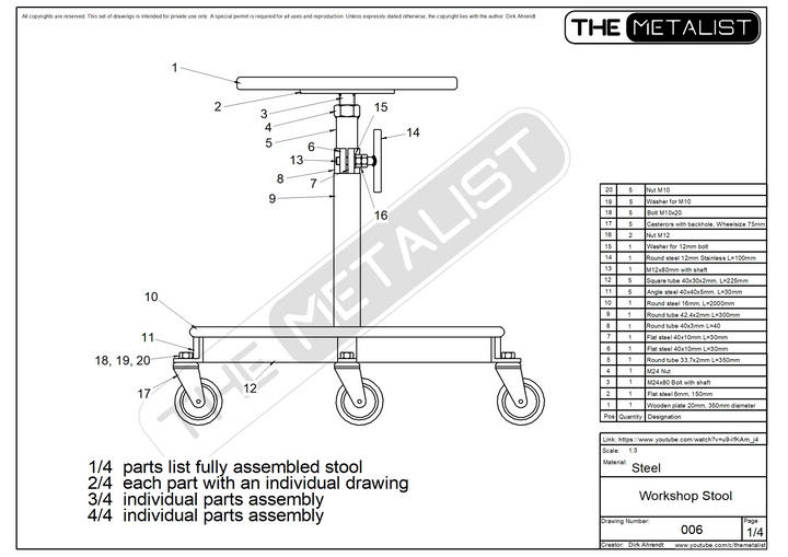 Baupläne für einen höhenverstellbaren Werkstatthocker mit Rollen